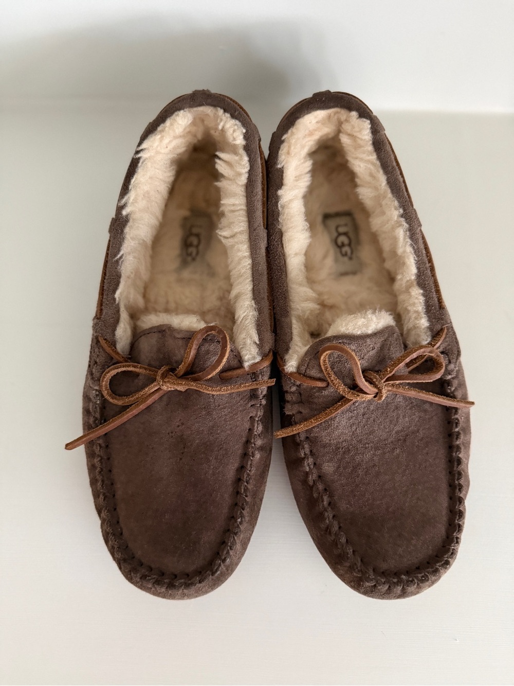 UGG Brown Suede Shearling Moccasins with Leather Bow - Picture 5 of 7